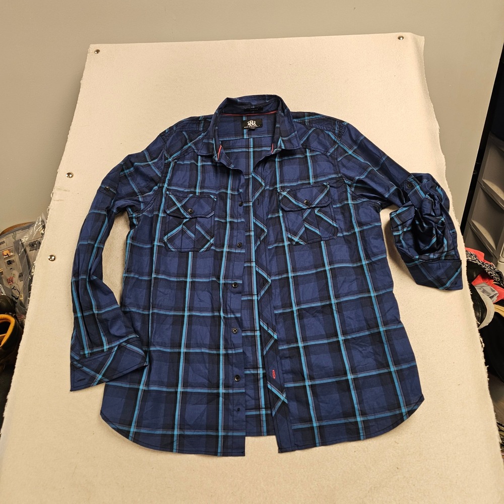 Rock & Republic Mens XL Blue Black Plaid Stretch Slim Fit Roll Tab Sleeve Shirt